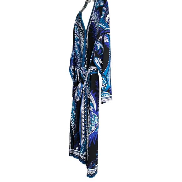 ECI NEW YORK WAIST DRESS WITH TIE, WOMENS, XL, BLUE BLACK WHITE ABSTRACT, V-NECK - Picture 6 of 11